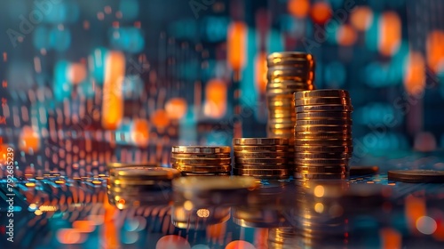 ultra-detailed image of stacked gold coins in ascending order with polished gold bars to the side