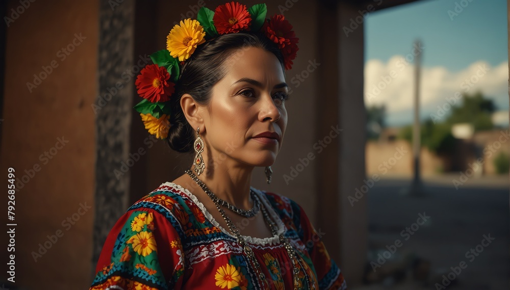 beautiful middleaged woman wearing traditional mexican clothing huipil from Generative AI