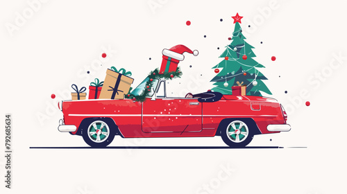 Vintage red cabriolet with santa claus christmas tree