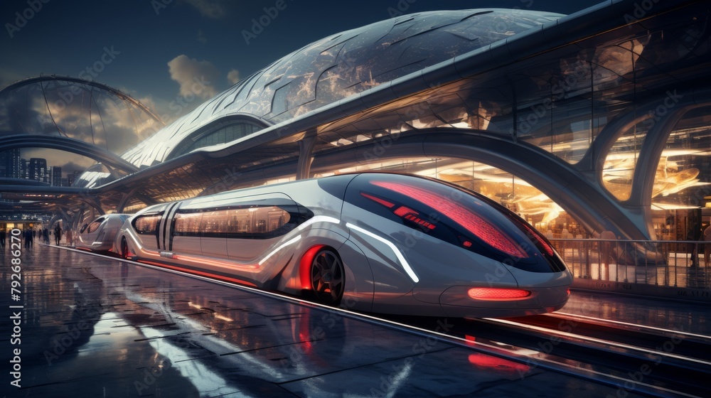 High-speed futuristic train speeds through a city at night, surrounded by glowing neon lights and modern architecture