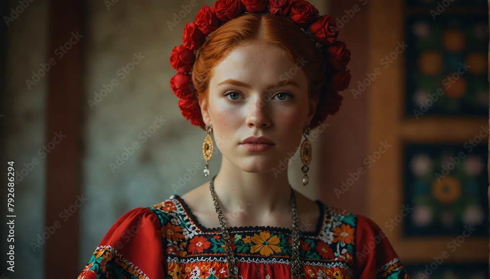 beautiful red head young woman wearing traditional mexican clothing huipil from Generative AI
