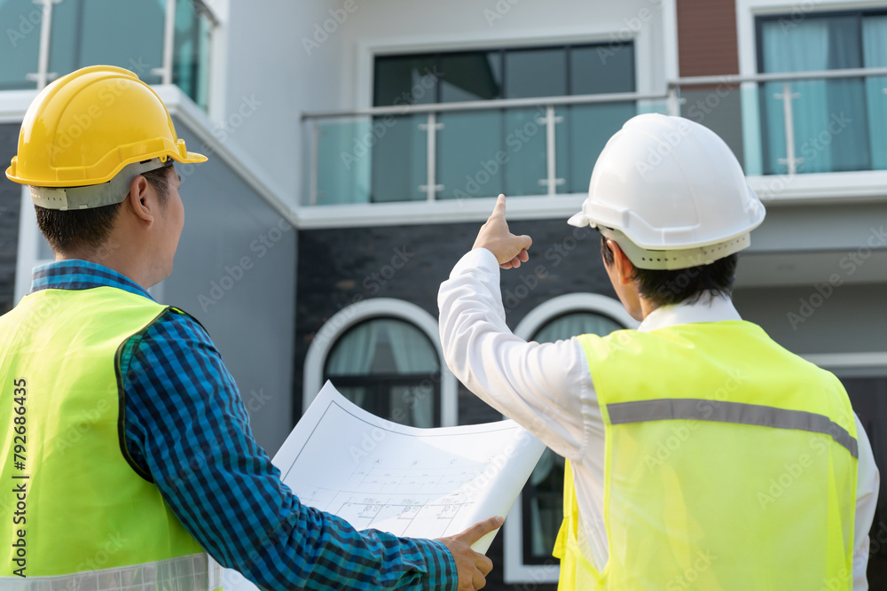 inspector or engineer is inspecting construction and quality assurance new house using a blue print. Engineer or architects or contactor work to build the house before handing it over to the homeowner inspector or engineer is inspecting construction and quality assurance new house using a blue print. Engineer or architects or contactor work to build the house before handing it over to the homeowner