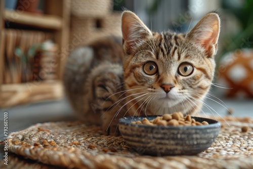Cute cat eating out of bowl on floor against background. Domestic animals. Close up. photo