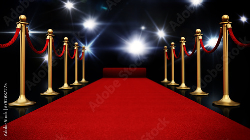 Night illuminated with flashlights, red carpet and velvet ropes 3D illustration © Destina
