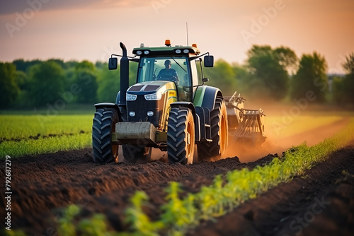 Tractor cultivating field at spring © Malik