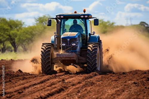 Tractor cultivating field at spring