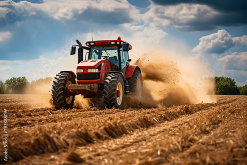 Tractor cultivating field at spring