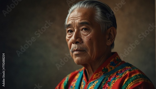 handsome asian elderly man wearing traditional mexican clothing huipil from Generative AI