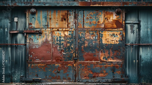 A large blue metal door is set in a blue-grey concrete wall. The door is rusty and has a large metal handle. There is a round window above the door. © Awais