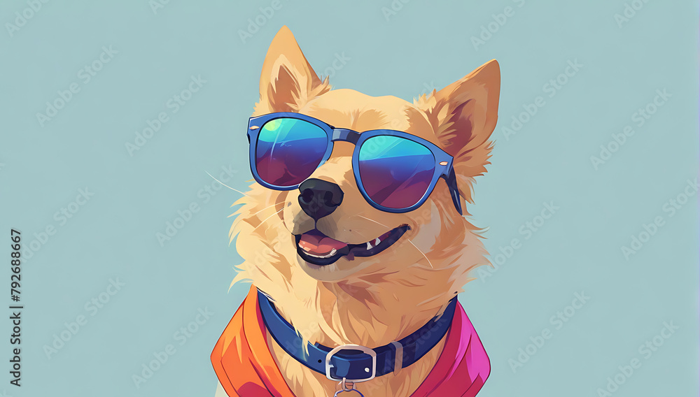 Portrait of fashionable cool cute dog with sun glasses on a plain isolated background, anime