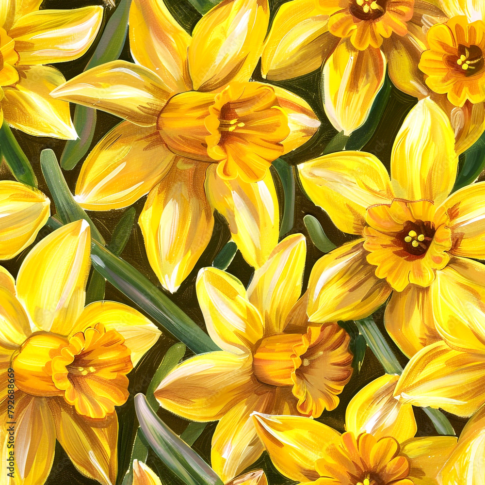 Seamless pattern Daffodil Delight: Use acrylics to paint delightful daffodil flowers, capturing their bright yellow petals and cheerful demeanor in an endearing pattern. Seamless pattern Daffodil Delight: Use acrylics to paint delightful daffodil flowers, capturing their bright yellow petals and cheerful demeanor in an endearing pattern.