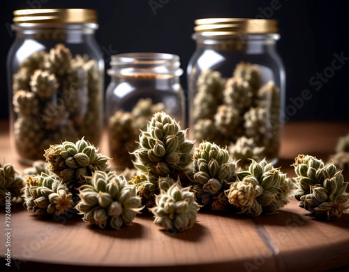 Close up of weed buds on wooden board. Marijuana buds in glass jars