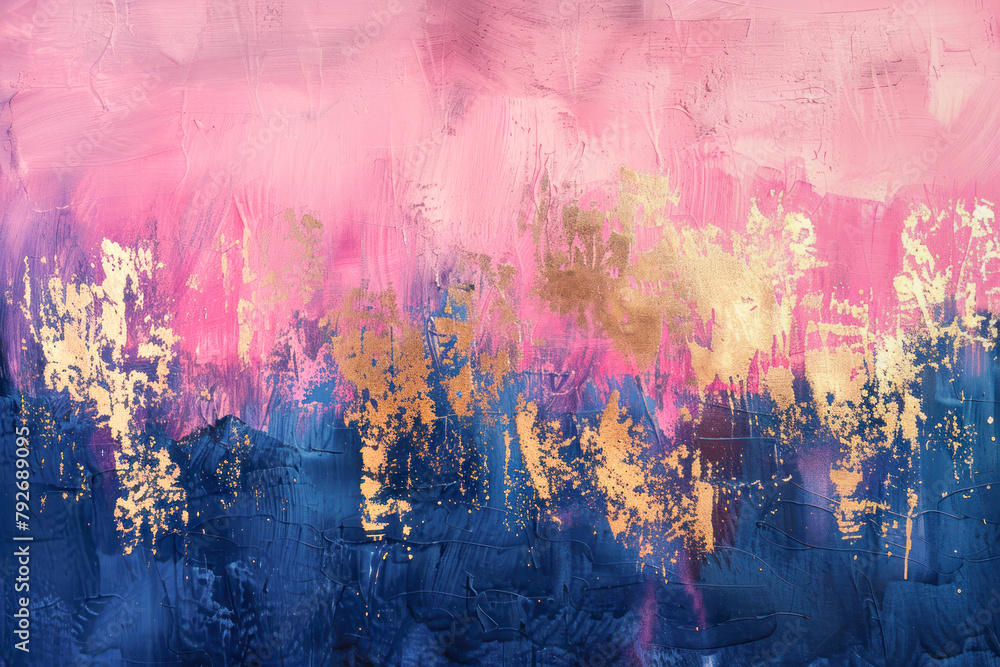 Abstract Pink and Blue Navy Hues with Gold Accents. An abstract acrylic painting blending pink and blue tones with vibrant gold splatters, creating a bold and expressive artwork.