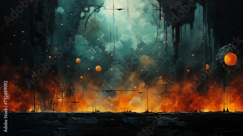 A Vision of a Dystopian Future: Fire, Ruins, and a Sky Teeming with Unknown Orbs photo
