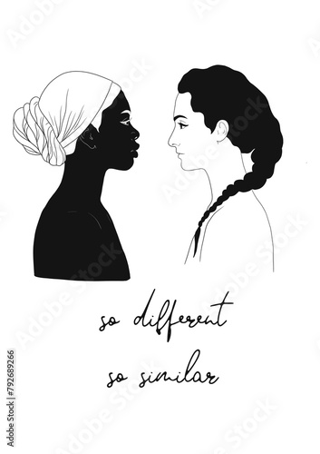 Silhouette two girls, black and white skin, so different so similar, no racism (ID: 792689266)