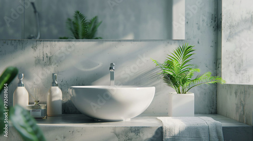 Modern bathroom setup with sink soap dispensers towels