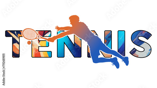 Isolated text TENNIS on Withe Background - Color Icon Gradient Silhouette Figure of a Male Diving to Reach Ball © Snap2Art
