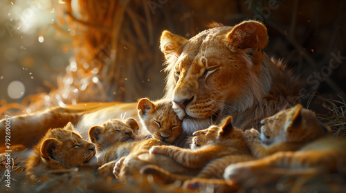 Lion sleeping with cubs