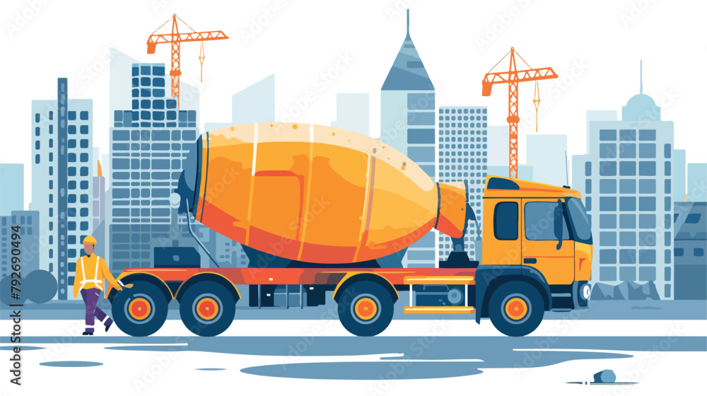 Concrete mixer truck with driver on abstract cityscape