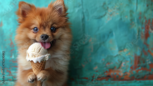 pomeranian puppy eating ice...