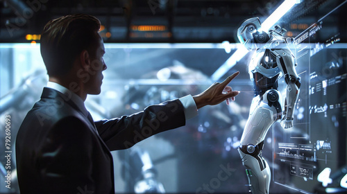 A sharply dressed man in a suit gestures towards a robot, engaging in a discussion or giving instructions