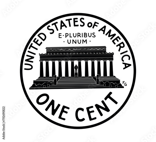 United States one cent or penny, coin with Lincoln Memorial on reverse. The coin is depicted in black and white. Vector illustration.