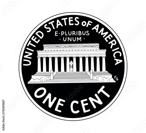 United States one cent or penny, coin with Lincoln Memorial on reverse. The coin is depicted in black and white. Vector illustration.