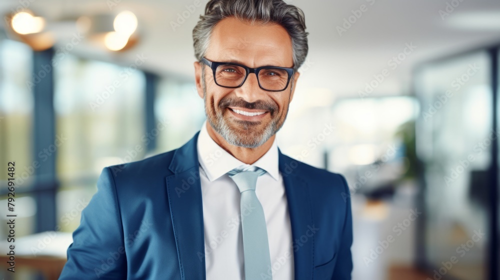 portrait of smiling and friendly looking middle aged attractive businessman