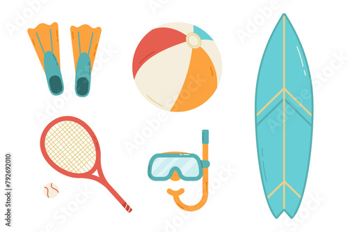 Set of summer beach sport elements. Vector flat isolated illustration 
