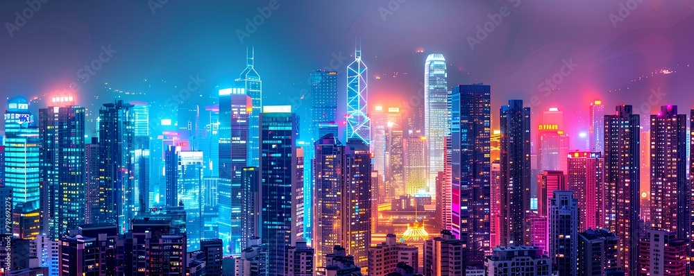 Futuristic Cityscape Illuminated at Twilight,A breathtaking panorama of a futuristic cityscape glowing with neon lights and illuminated skyscrapers against the twilight sky, exuding a cyberpunk.
