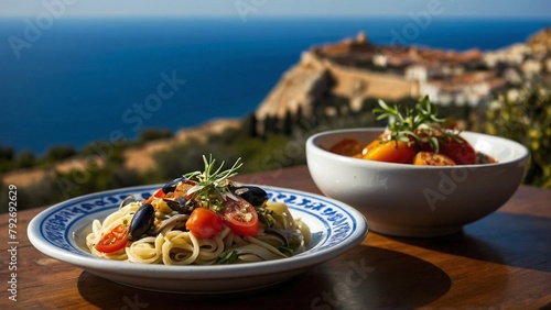 Yummy mediterranean food with pasta, vegetables, tomatoes, served on the terrace with sea view, closeup photo