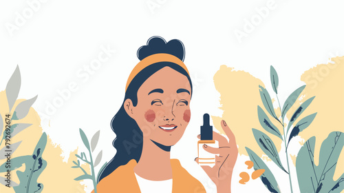 Woman applying skincare serum on her face cartoon Vector