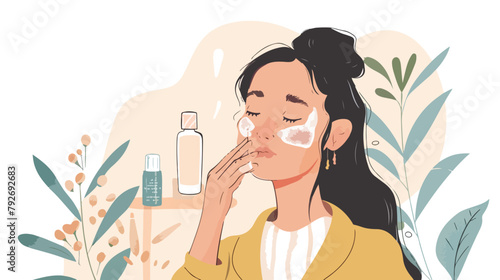 Woman applying skincare serum on her face cartoon Vector © Hassan