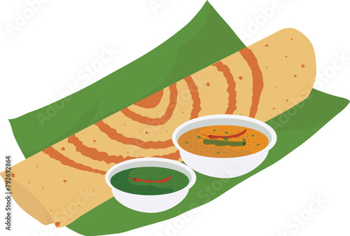 Indian food Dosa vector Illustration, South Indian Food Dosa with Sambar and chutney Illustration
