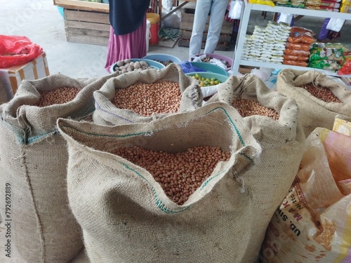 Nuts in sacks at traditional market.