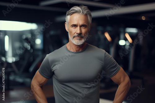 A mature man with a white beard poses confidently in a modern gym