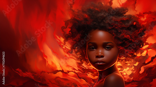 A young African girl poses with a striking red backdrop, her gaze captivating and thoughtful. Copy space. Dramatic vibe.