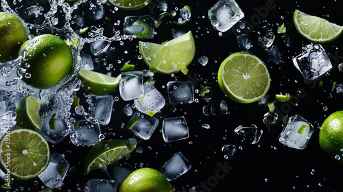 Fresh ripe limes with ice cubes flying on a black background. Freeze motion.