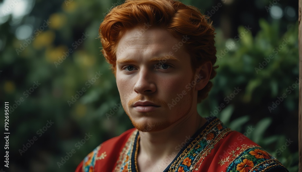handsome red head young man wearing traditional mexican clothing huipil from Generative AI