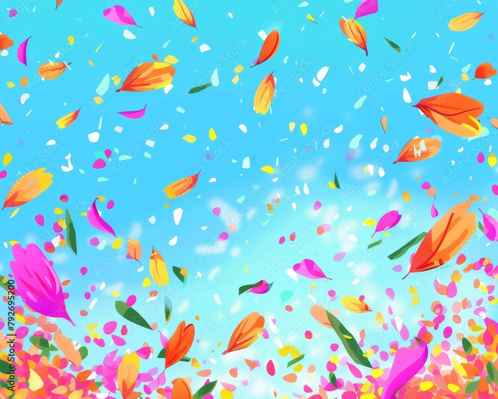 Petals of various colors falling against a blue sky