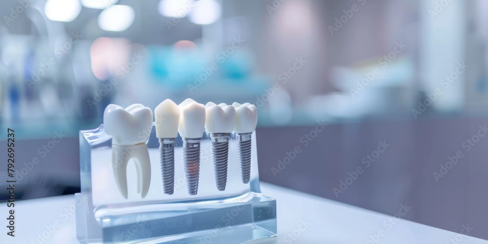 Dental implant models displayed on a transparent stand in a clinic setting. Dental implant models displayed on a transparent stand in a clinic setting.