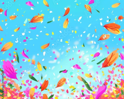 Petals of various colors falling against a blue sky