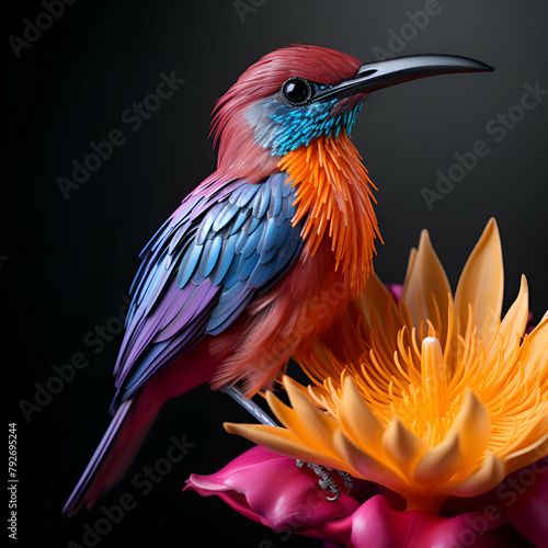 Colorful bird sitting on lotus flower isolated on black background.