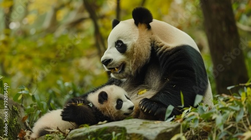 Giant pandas, bear pandas, two babies playing together outdoors photo