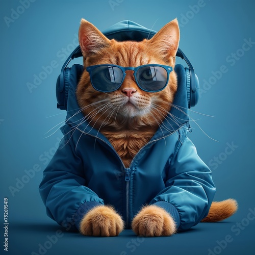 Funny ginger cat wearing blue raincoat and headphones listening to music.