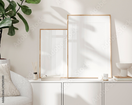 Two frame mockup, Home interior background, Room in beige pastel colors, 3d render © J.Zhuk
