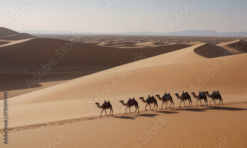 A caravan of camels slowly wanders through the dunes of the great desert.