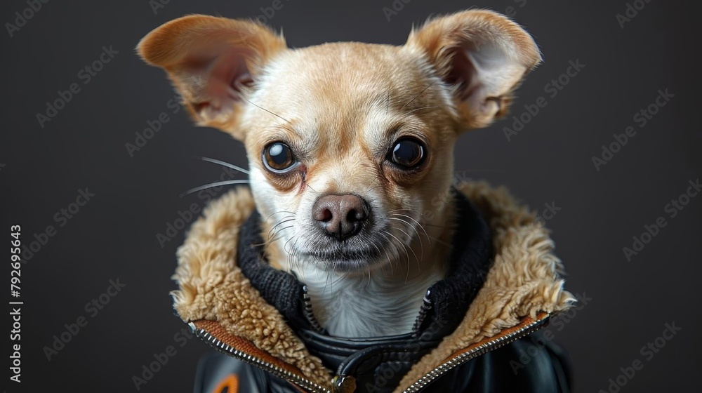 A closeup portrait of a chihuahua wearing a brown leather jacket with a shearling collar.