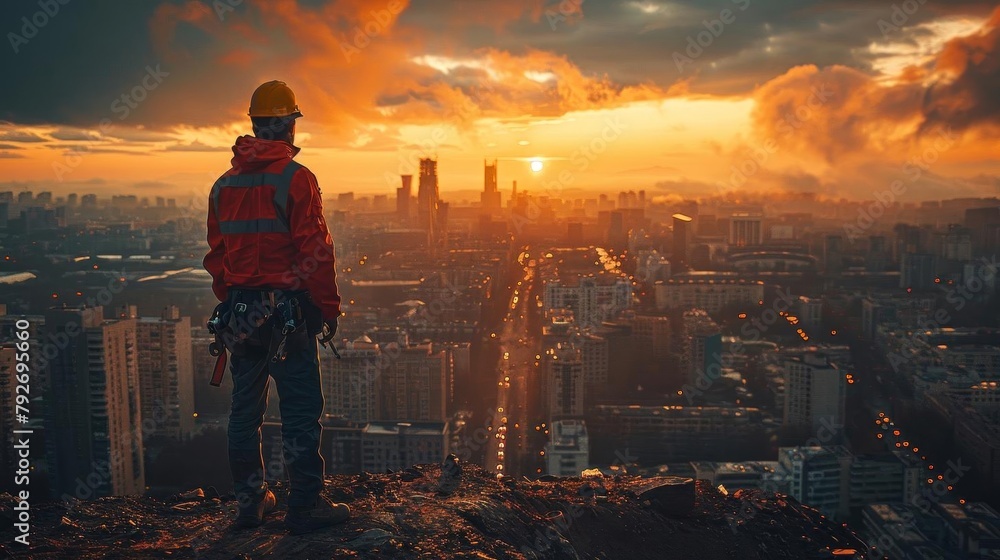 A construction worker stands on a rooftop overlooking a city at sunset. A construction worker stands on a rooftop overlooking a city at sunset.