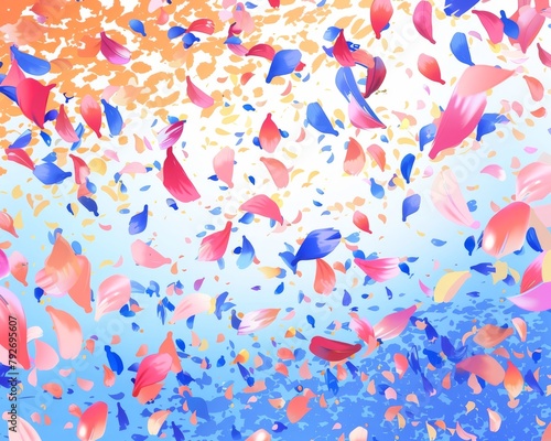 Colorful flower petals falling down in a blue and orange sky.